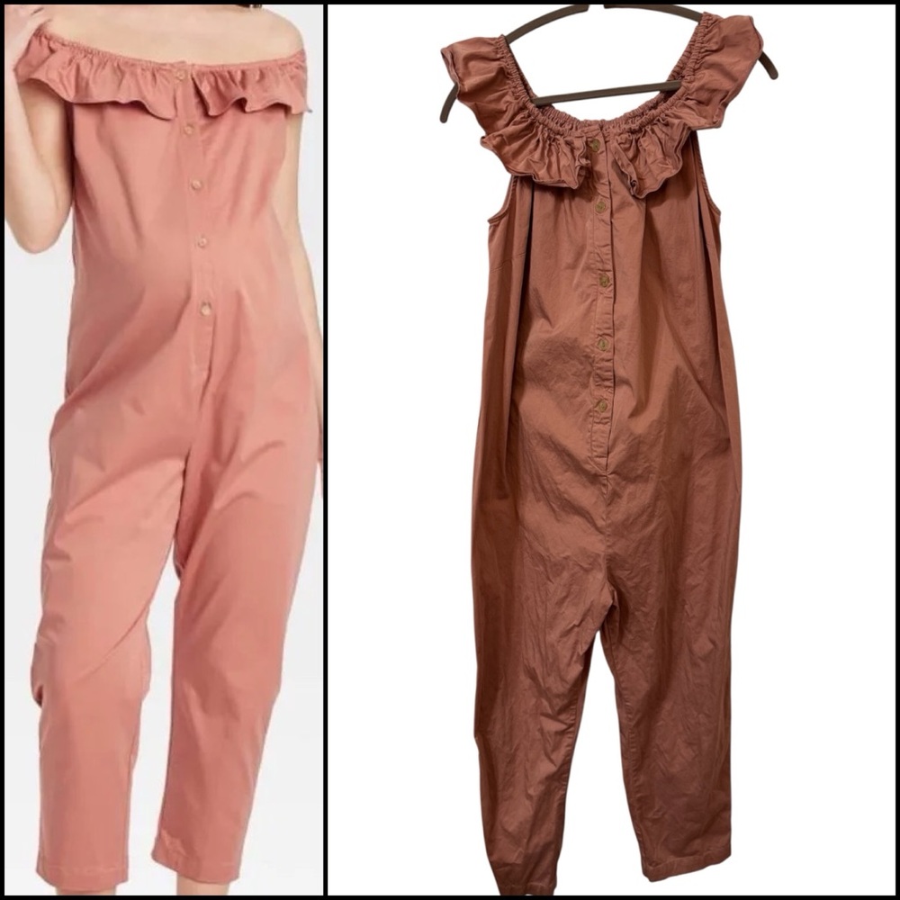 Hatch Maternity Ruffled Off-Shoulder Jumpsuit in Dusty Pink Cotton Blend Buttons - Picture 2 of 9